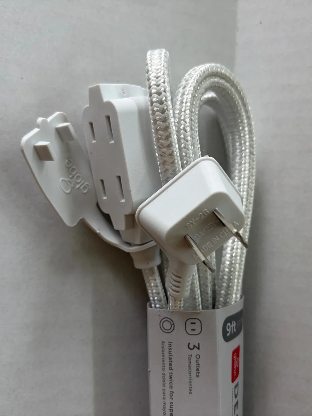 Globe Designer 9ft Braided Extension Cord | 3 Outlet Power Strip White NWT